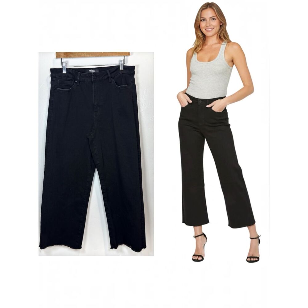 Mica Jeans High Rise Wide Leg Crop Black Denim Jeans Distressed Hem Size 31